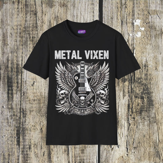 Metal Vixen Guitar Tee — Women's Rocker Skull & Winged Les Paul T-Shirt