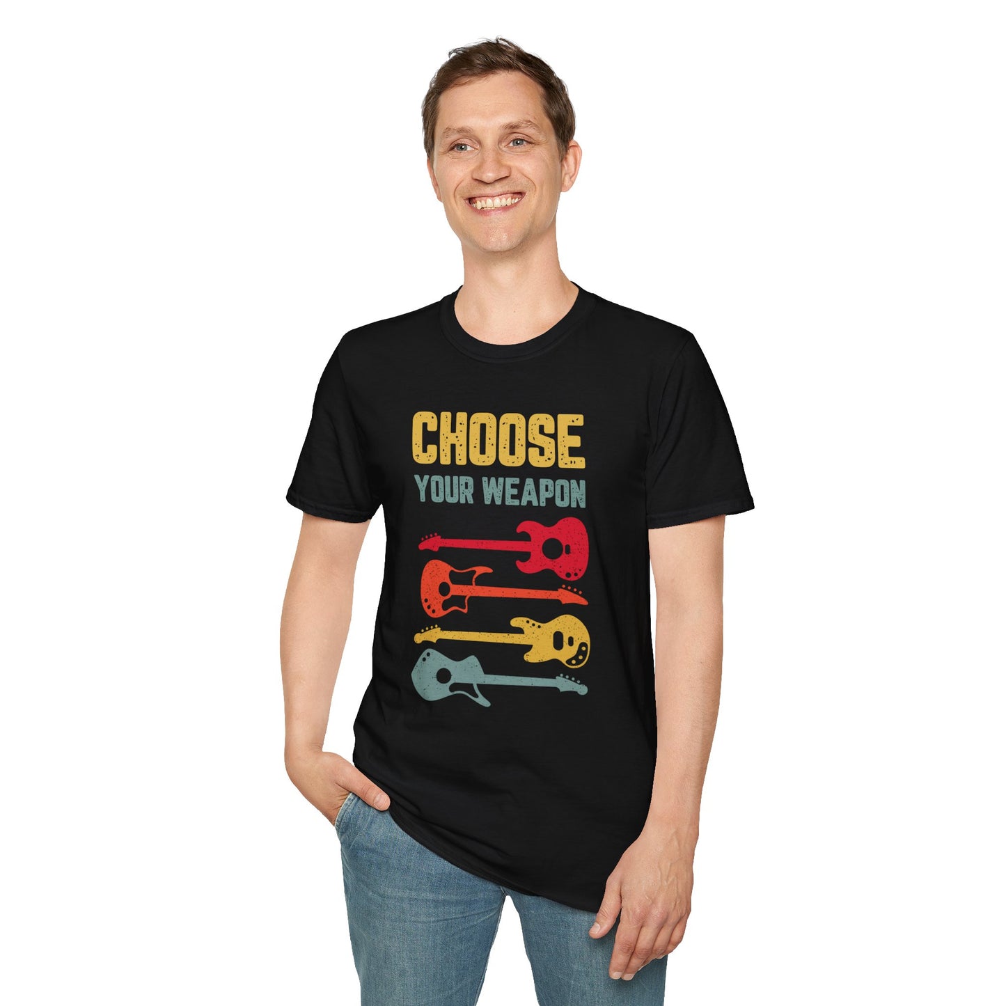 Guitar T-Shirt with 'Choose Your Weapon' Slogan