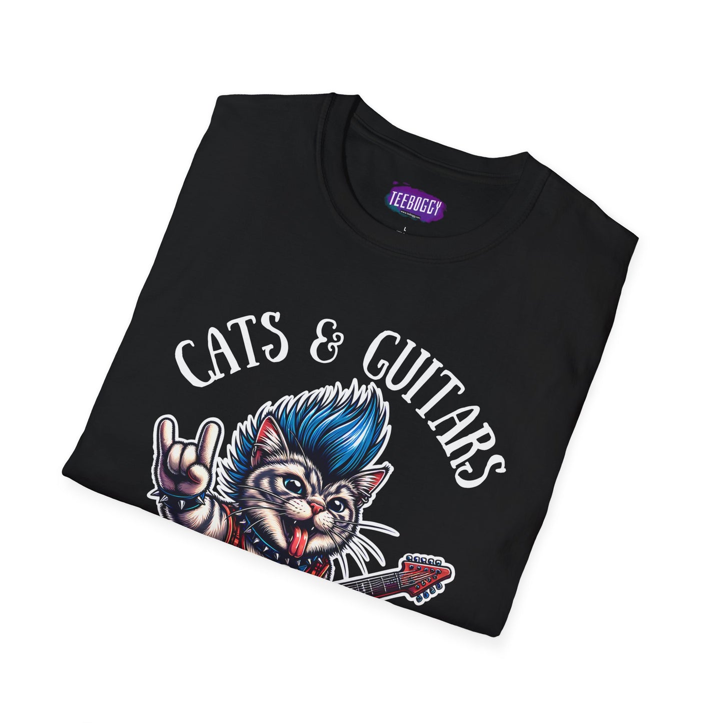 Rocker Cat T-Shirt with 'Cats & Guitars Rock My World' Slogan