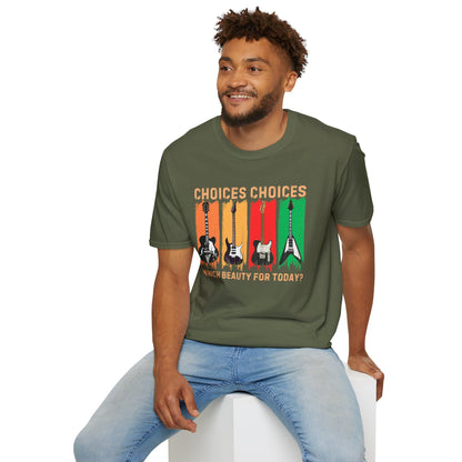 Rock Guitar T‑Shirt — "Choices Choices, Which Beauty for Today" Retro Guitar Types