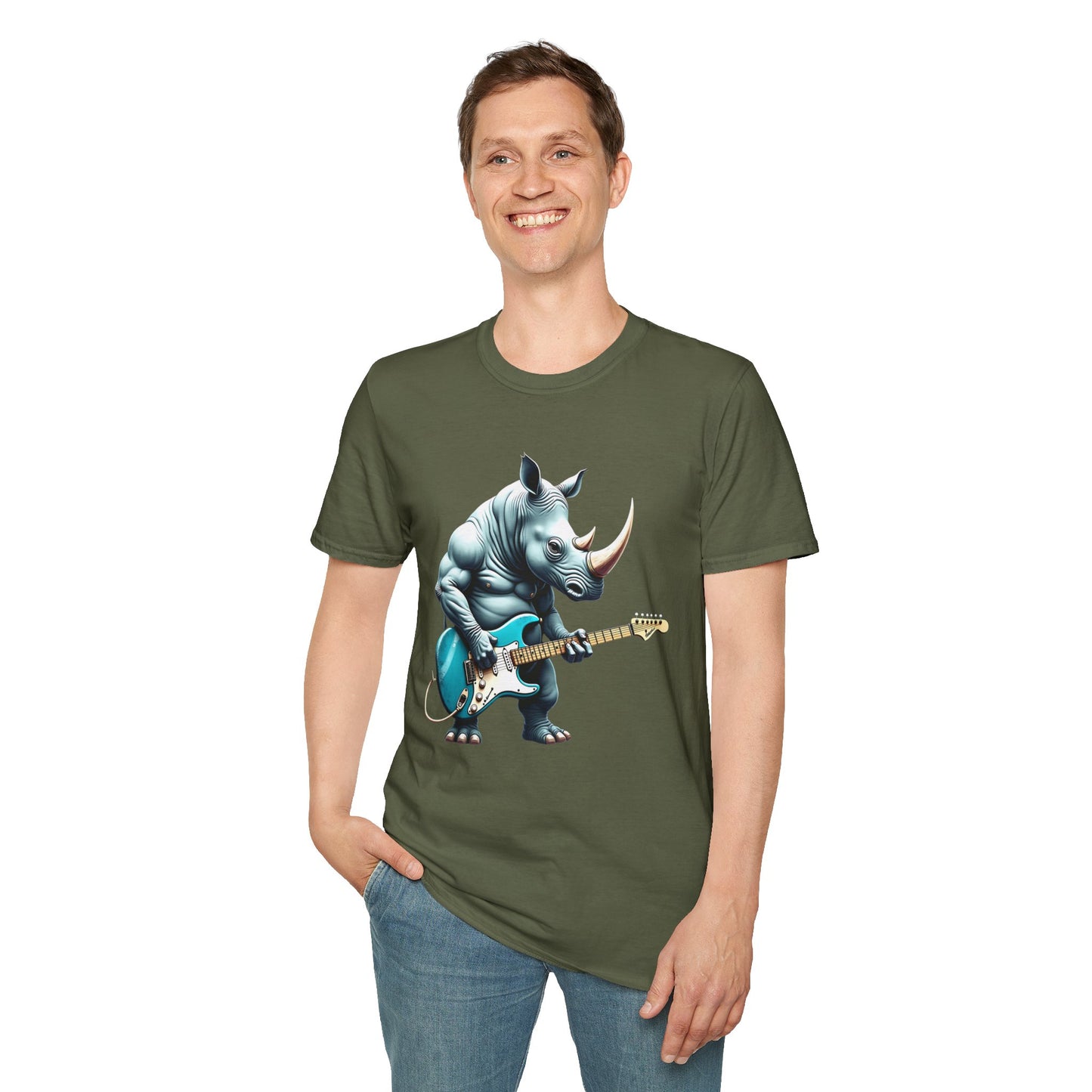 Rock Guitar Rhino T-Shirt — Rhinoceros Playing Electric Guitar Graphic Tee