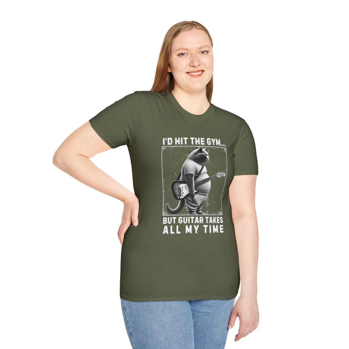 Fat Cat Guitarist T-Shirt — "I'd Hit the Gym, But Guitar Takes All My Time" Humorous Tee