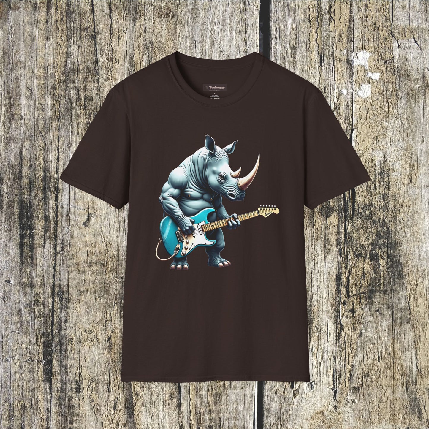 Rock Guitar Rhino T-Shirt — Rhinoceros Playing Electric Guitar Graphic Tee