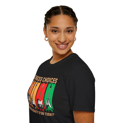 Rock Guitar T‑Shirt — "Choices Choices, Which Beauty for Today" Retro Guitar Types