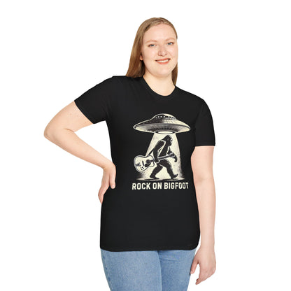 Bigfoot Guitar Tee — UFO Searchlight Humorous Sasquatch T-Shirt