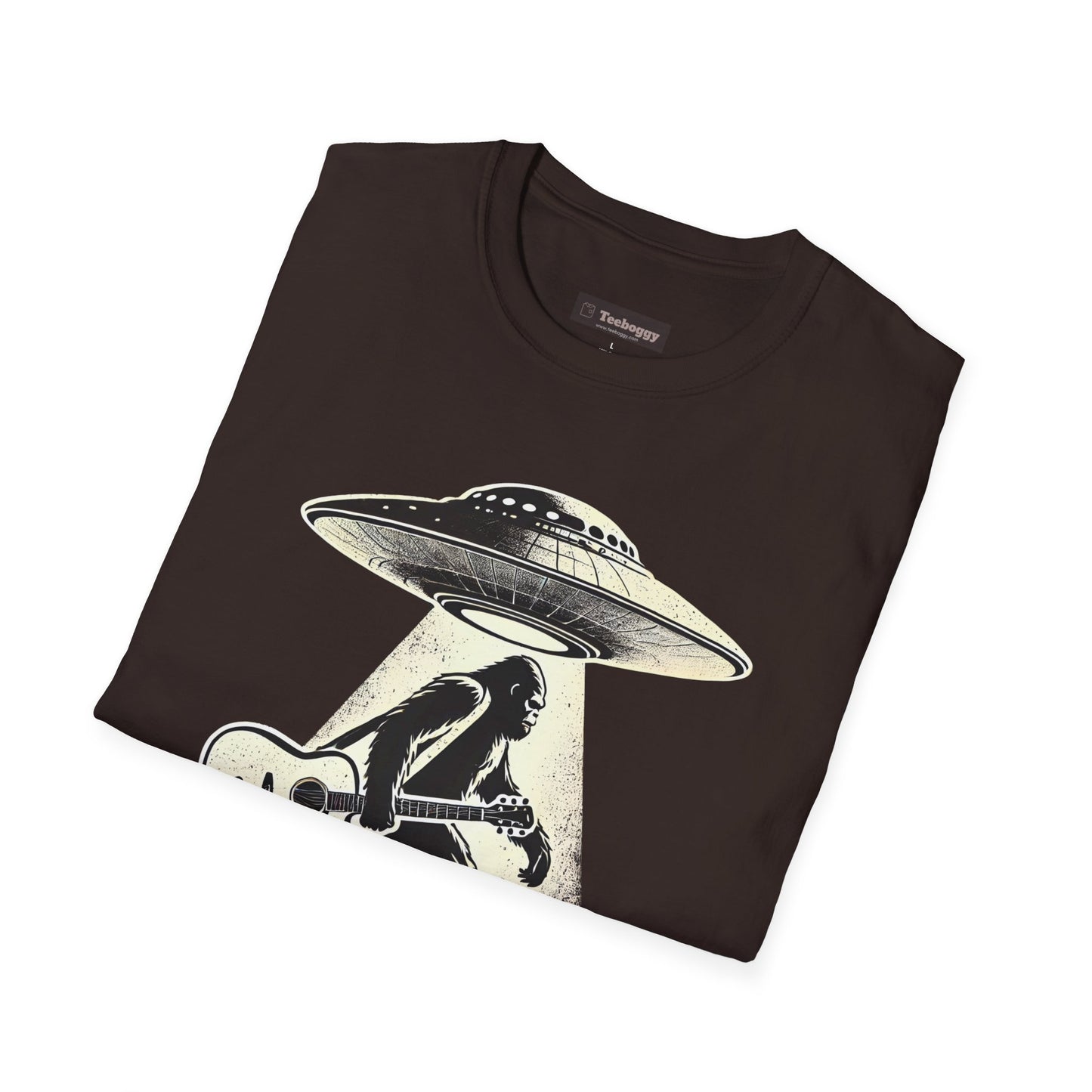 Bigfoot Guitar Tee — UFO Searchlight Humorous Sasquatch T-Shirt