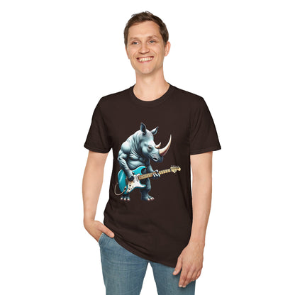 Rock Guitar Rhino T-Shirt — Rhinoceros Playing Electric Guitar Graphic Tee
