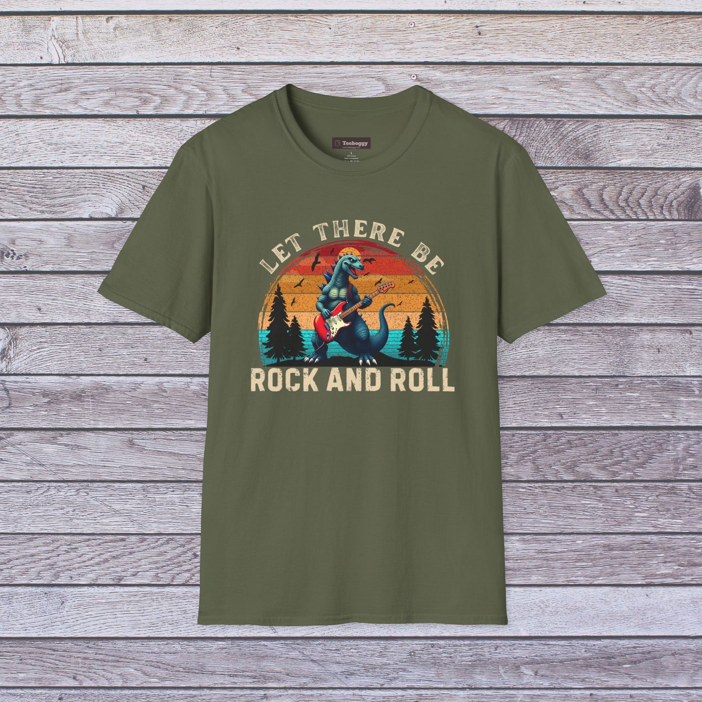 Rock & Roll Dinosaur T-Shirt — "Let There Be Rock and Roll" Guitar Dino Tee