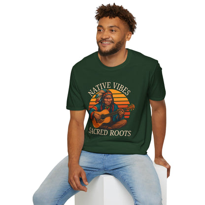 Native Vibes Softstyle T-Shirt with Elder Native American Playing Guitar