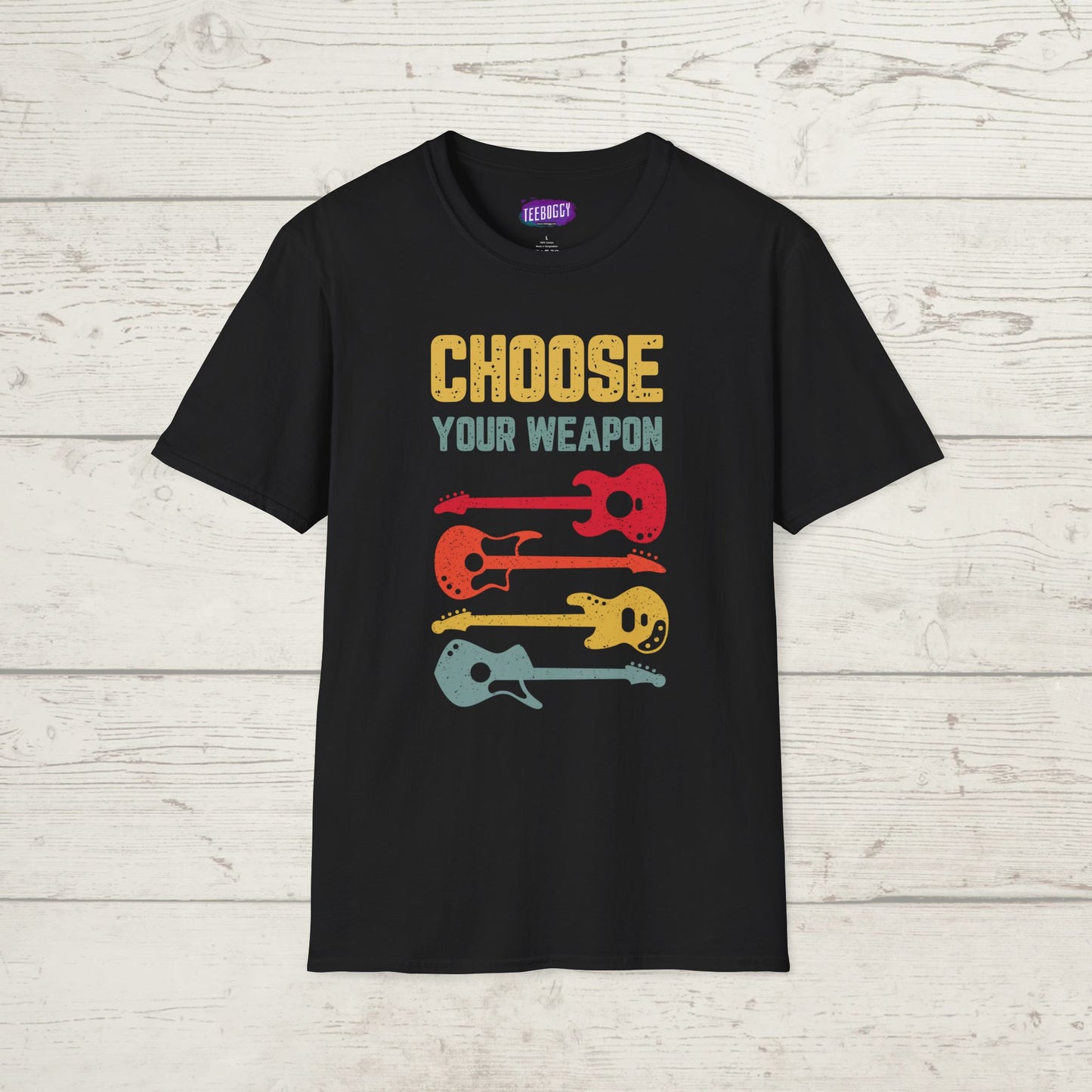 Guitar T-Shirt with 'Choose Your Weapon' Slogan