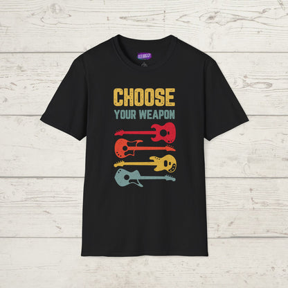 Guitar T-Shirt with 'Choose Your Weapon' Slogan