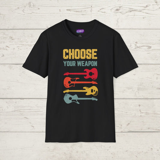 Guitar T-Shirt with 'Choose Your Weapon' Slogan