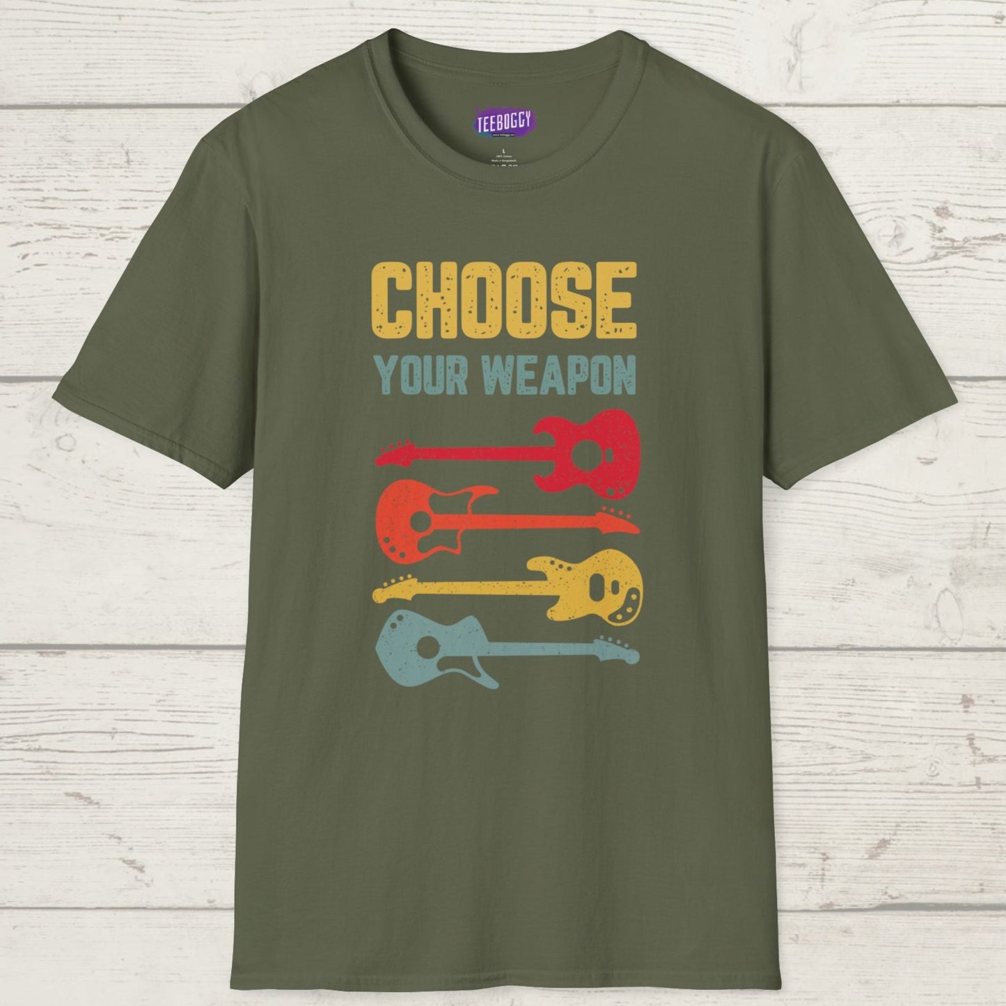 Guitar T-Shirt with 'Choose Your Weapon' Slogan