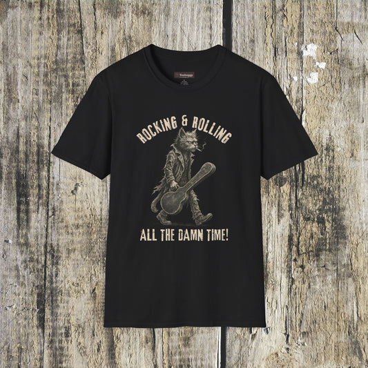 Rocking & Rolling All The Damn Time T-Shirt — Guitarist Cat Tour Tee