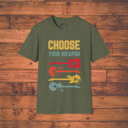 Guitar T-Shirt with 'Choose Your Weapon' Slogan