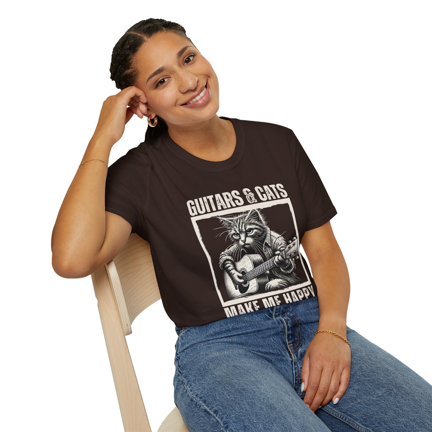 Guitars & Cats Make Me Happy T-Shirt — Cool Cat Playing Guitar Tee