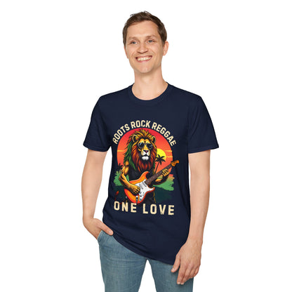 Graphic T-Shirt - Zion Lion Rock Guitar Retro Sunset with Roots Rock Reggae & One Love Slogans