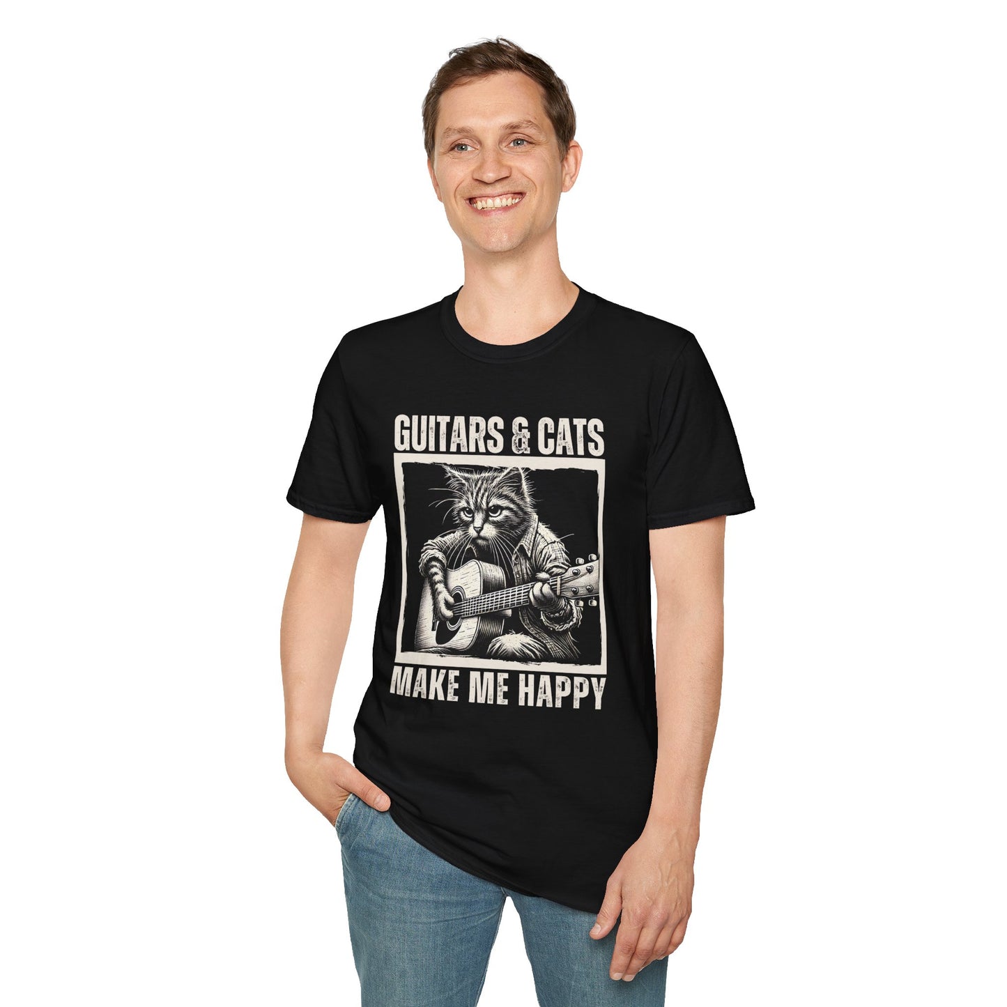 Guitars & Cats Make Me Happy T-Shirt — Cool Cat Playing Guitar Tee