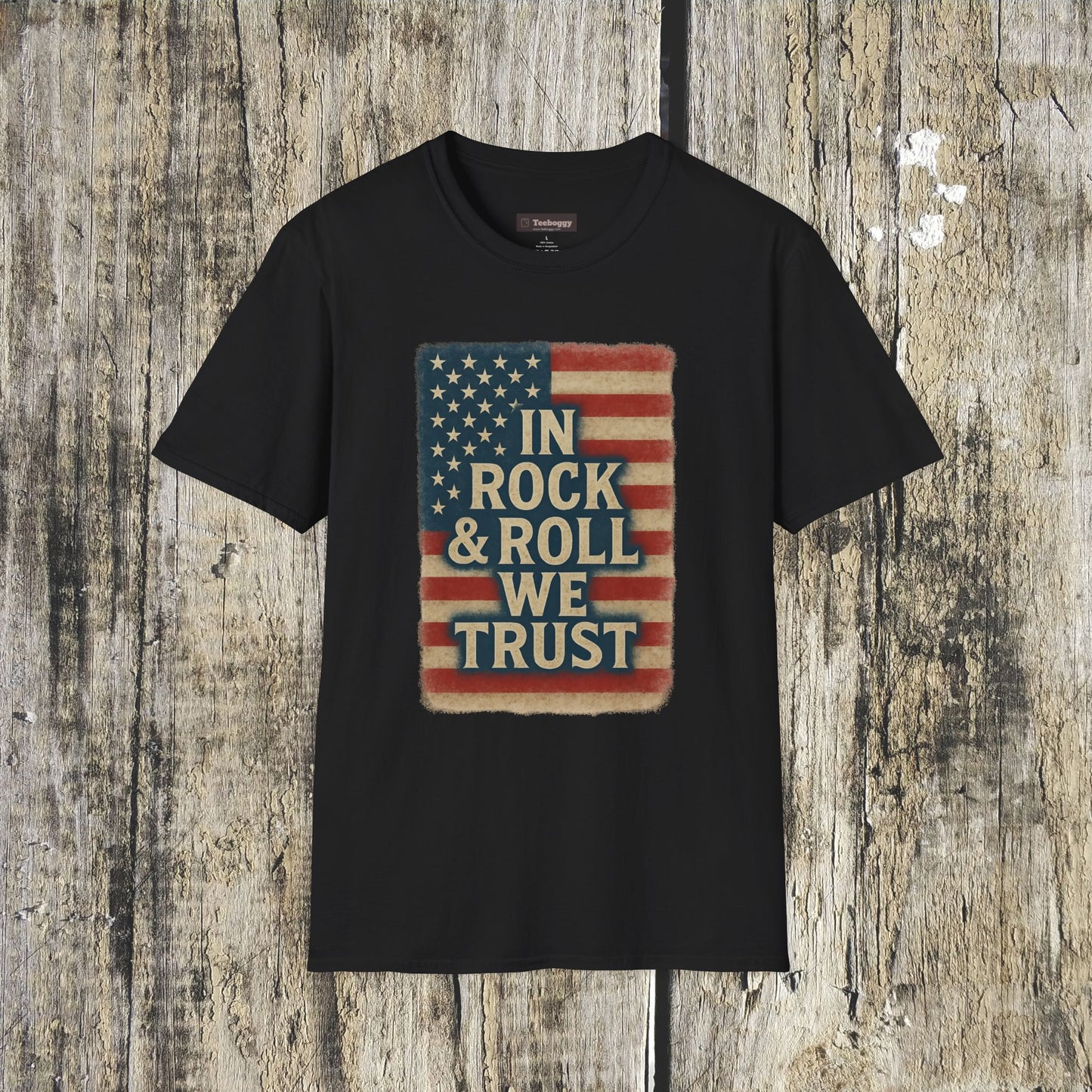 Rock & Roll T-Shirt — "In Rock & Roll We Trust" USA Flag Patriotic Tee