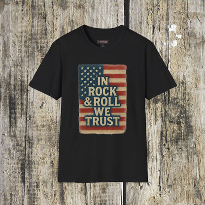 Rock & Roll T-Shirt — "In Rock & Roll We Trust" USA Flag Patriotic Tee