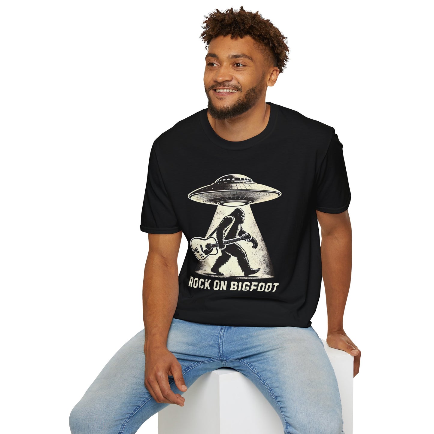 Bigfoot Guitar Tee — UFO Searchlight Humorous Sasquatch T-Shirt