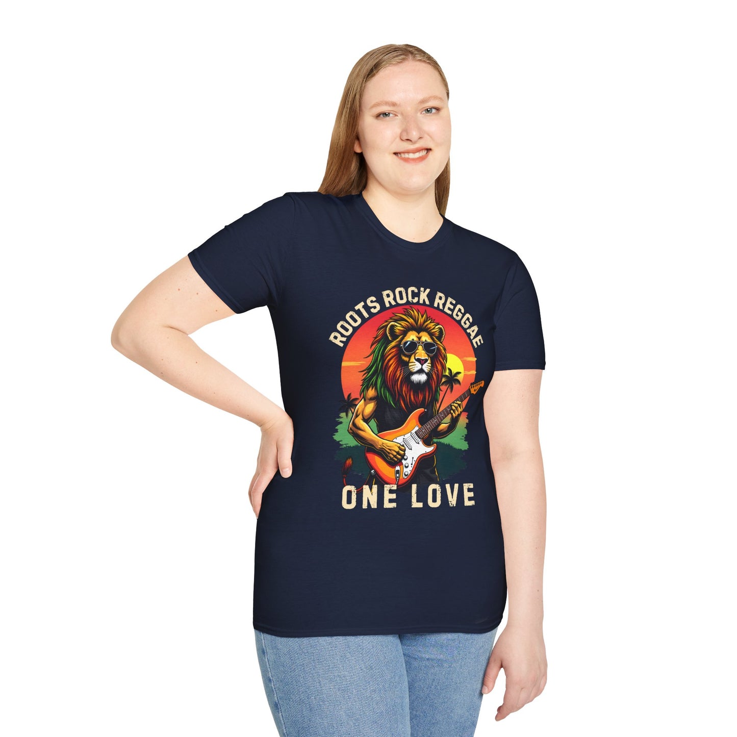 Graphic T-Shirt - Zion Lion Rock Guitar Retro Sunset with Roots Rock Reggae & One Love Slogans
