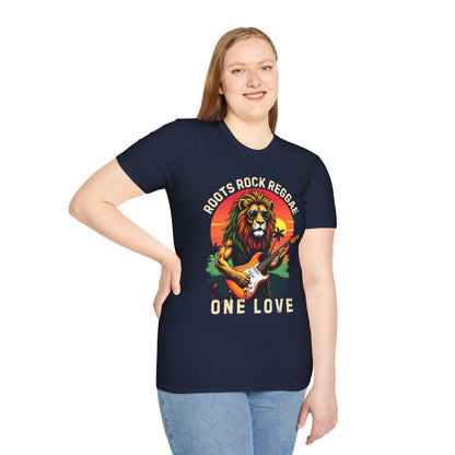 Graphic T-Shirt - Zion Lion Rock Guitar Retro Sunset with Roots Rock Reggae & One Love Slogans