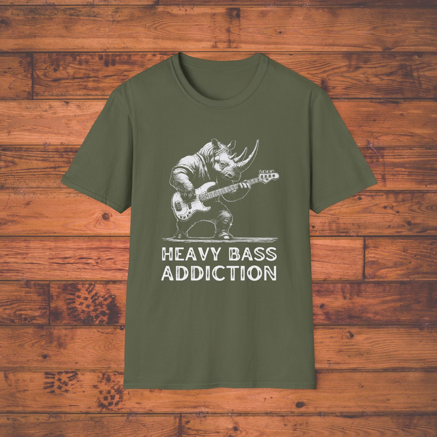 Heavy Bass Addiction T-Shirt — Rhino Playing Bass for Bassists & Music Lovers