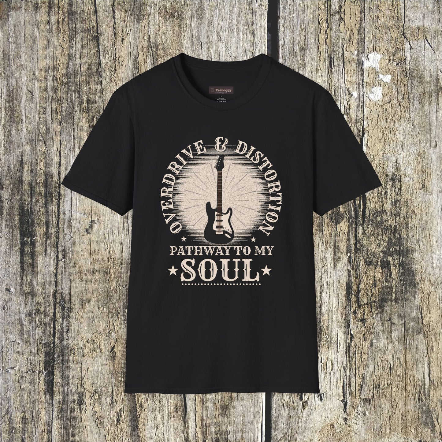 Overdrive & Distortion Guitar T-Shirt — Retro Stratocaster Design