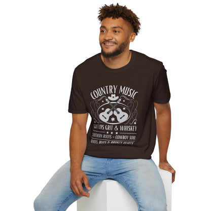 Country Music Whisky Label T-Shirt — Guitars, Grit & Cowboy Hat