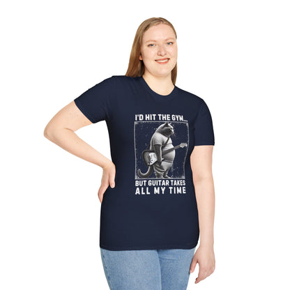 Fat Cat Guitarist T-Shirt — "I'd Hit the Gym, But Guitar Takes All My Time" Humorous Tee