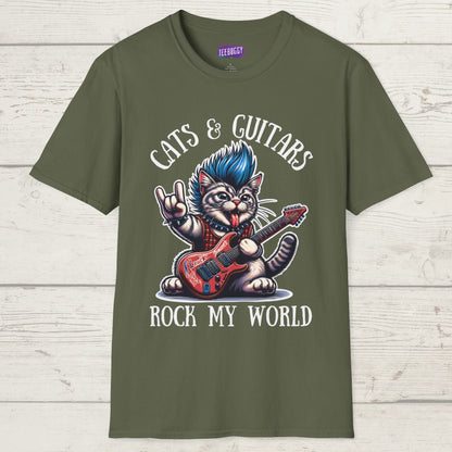 Rocker Cat T-Shirt with 'Cats & Guitars Rock My World' Slogan