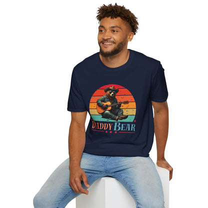 Daddy Bear T-Shirt — Grizzly Dad Playing Acoustic Guitar Retro Sun Design