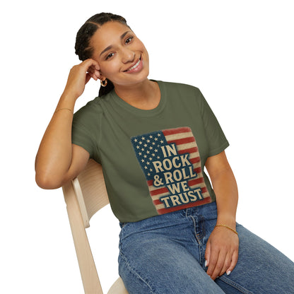 Rock & Roll T-Shirt — "In Rock & Roll We Trust" USA Flag Patriotic Tee