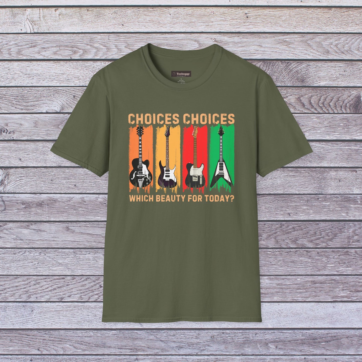 Rock Guitar T‑Shirt — "Choices Choices, Which Beauty for Today" Retro Guitar Types