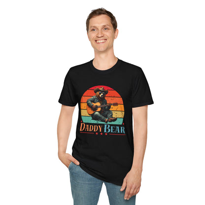 Daddy Bear T-Shirt — Grizzly Dad Playing Acoustic Guitar Retro Sun Design