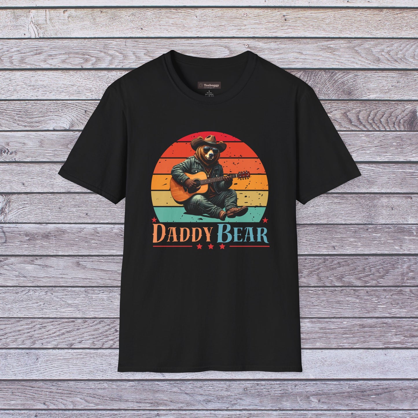 Daddy Bear T-Shirt — Grizzly Dad Playing Acoustic Guitar Retro Sun Design