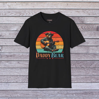 Daddy Bear T-Shirt — Grizzly Dad Playing Acoustic Guitar Retro Sun Design