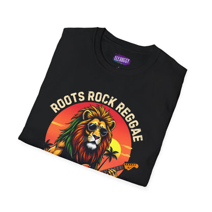Graphic T-Shirt - Zion Lion Rock Guitar Retro Sunset with Roots Rock Reggae & One Love Slogans