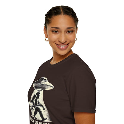 Bigfoot Guitar Tee — UFO Searchlight Humorous Sasquatch T-Shirt