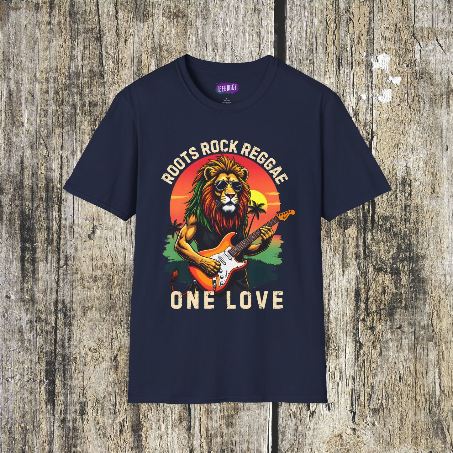 Graphic T-Shirt - Zion Lion Rock Guitar Retro Sunset with Roots Rock Reggae & One Love Slogans
