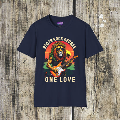 Graphic T-Shirt - Zion Lion Rock Guitar Retro Sunset with Roots Rock Reggae & One Love Slogans