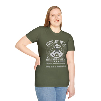 Country Music Whisky Label T-Shirt — Guitars, Grit & Cowboy Hat