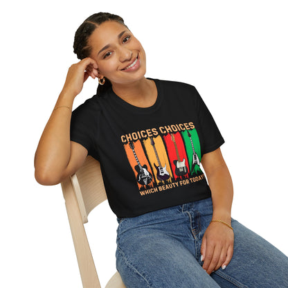 Rock Guitar T‑Shirt — "Choices Choices, Which Beauty for Today" Retro Guitar Types