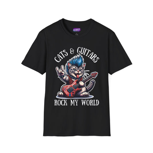 Rocker Cat T-Shirt with 'Cats & Guitars Rock My World' Slogan